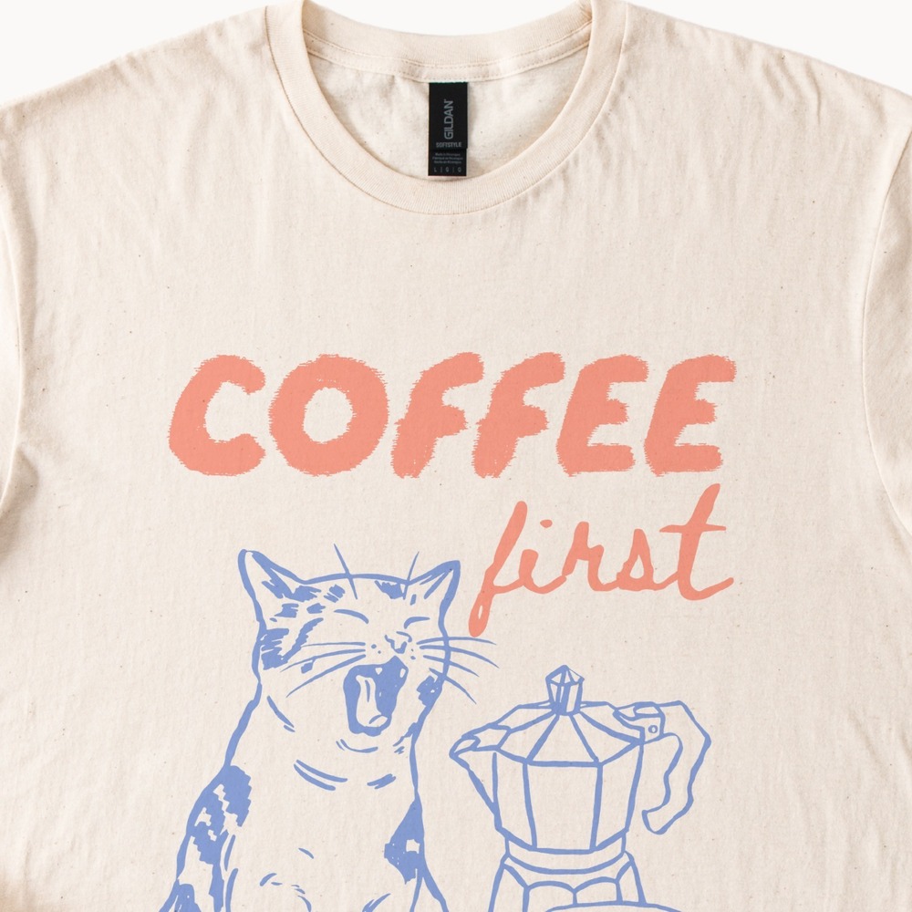 Coffee First Humans Later Cat Graphic Tee with Moka Pot Design